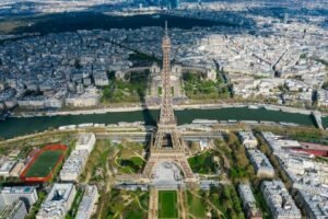 Eiffel Tower view from Trocadero square at sunrise Paris