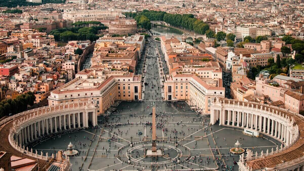 Aerial view of St. Peter's Square and the city of Rome from the dome of St. Peter's Basilica.