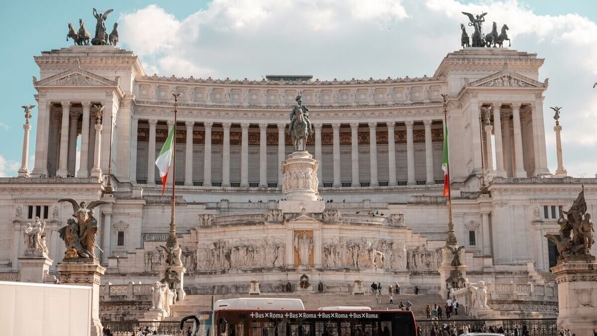 The Victor Emmanuel II National Monument (Vittoriano) in Rome, Italy, with the Italian flag.