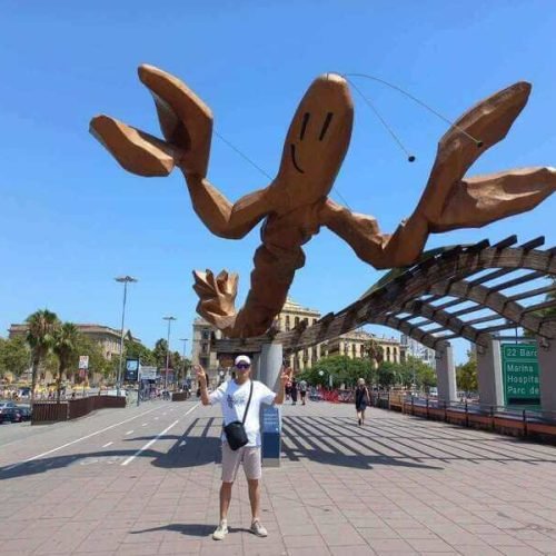 Gambrinus giant shrimp statue by Javier Mariscal at Port Vell Barcelona